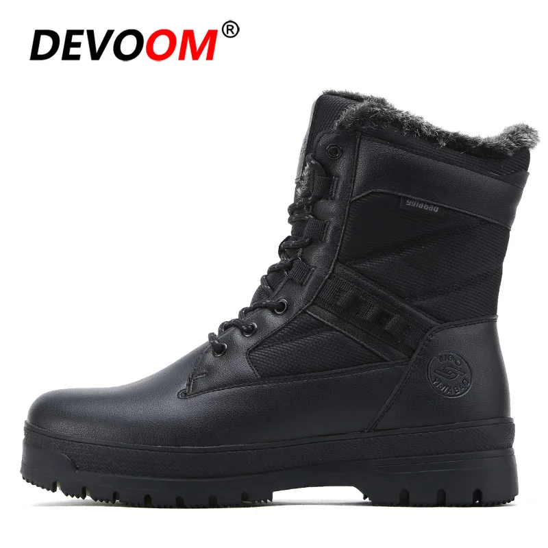 Треккинговые ботинки водонепроницаемые мужские зимние армейские ботинки тактические ботинки для мужчин однотонные черные парусиновые+ качественные кожаные ботинки на меху - Цвет: Черный