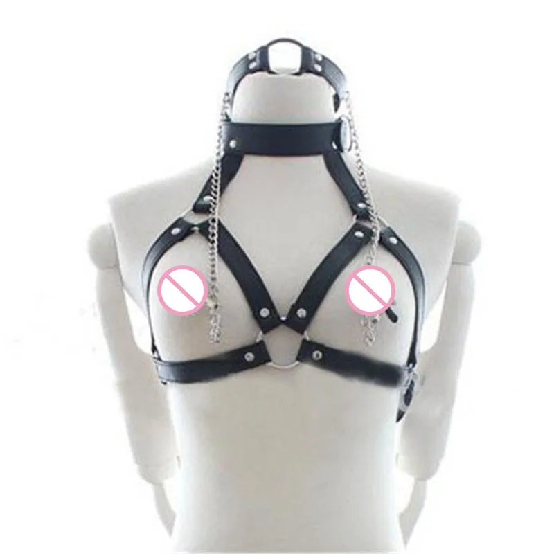 Sexy-PU-Leather-Bondage-Harness-Lingerie-O-Ring-Mouth-Gag-Metal-Chain-Nipple-Clamps-Fetish-Erotic