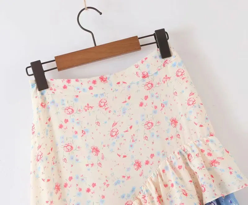 Patchwork Floral Print Holiday Boho Skirt Women Layered Ruffle Asymmetric Cake Skirt Elegant Lady High Waist Summer Skirt