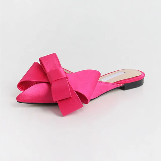 2018 spring and summer women's shoes Korean silk satin Pointed bow tie slippers Baotou flat heel sets semi slippers Rose red(high 1.5cm)