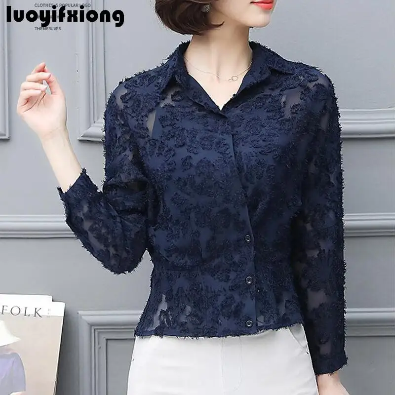 

Chiffon Blouse Women Long Sleeve 2019 New Kimono Cardigan OL Work Womens Tops and Blouses Plus Size Lace Women Shirts Blusas