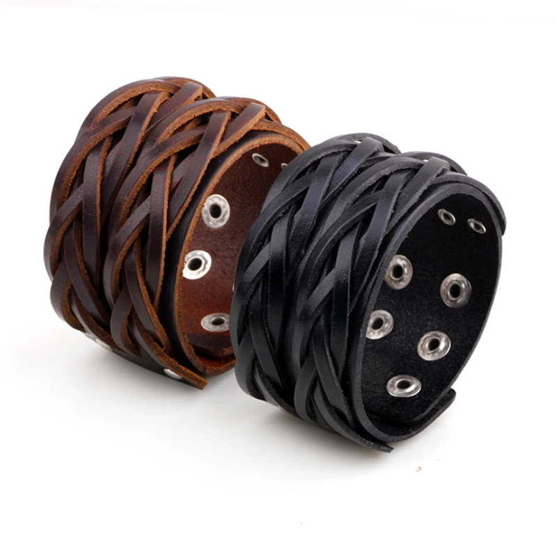 

Punk Retro Vintage 100% Real Genuine Leather Weave Knit Adjustable Wristband Metal Buckle Bracelets Bangles Unisex Mens Jewelry