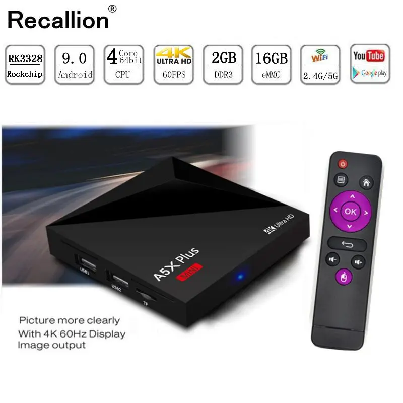 

RECALLION A5X Max 2GB RAM 1G6B ROM Smart TV BOX Android 9.0 RK3328 Quad Core2.4G WiFi 4K BT 4.1 IPTV Set-top box Media Player
