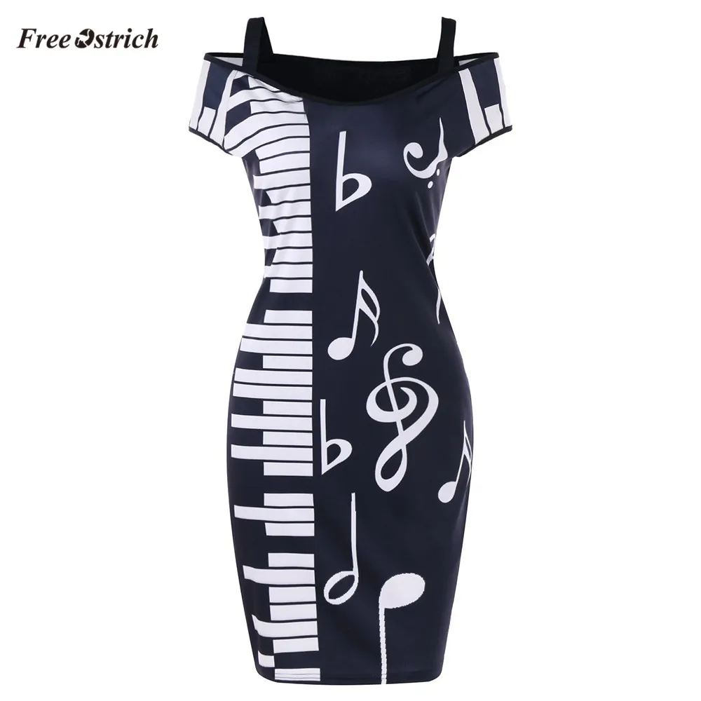 

Free Ostrich Clothes dress Women Music Note Print Strapless slash-neck Short Sleeve Camisole Mini Dress Night Elegant mini Dress