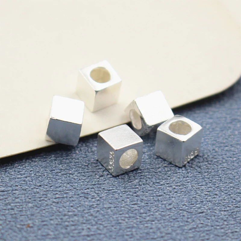 

925 sterling silver big hole cube Spacer Beads 925 stamp silver beads for making jewelry accessories 5mm 10pcs