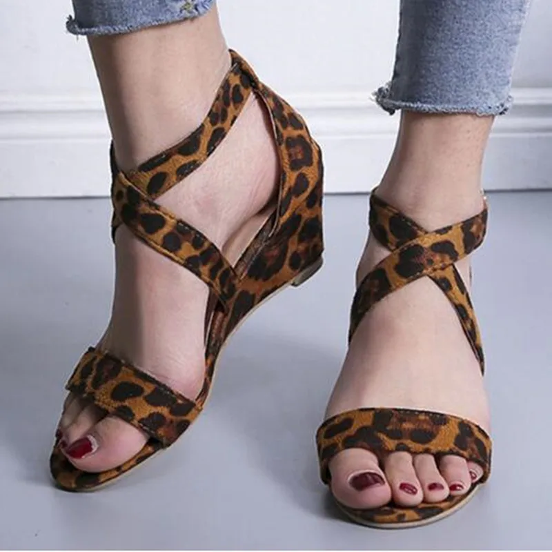 

Spring Women Pumps wedges Leopard Cross Tied Open Toe Ankle buckle strap Wedding Platform Ladies Sandal Shoes Zapatos Mujer