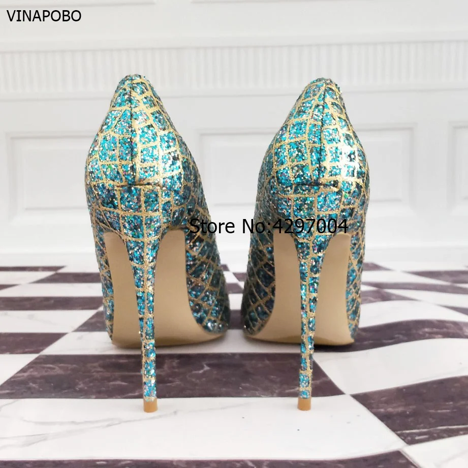 2018 New Pointed Toe Wedding Shoes Women Blue Gold Grid Bling Thin High Heels 8cm/10cm/12cm Genuine leather Shallow Party Pumps