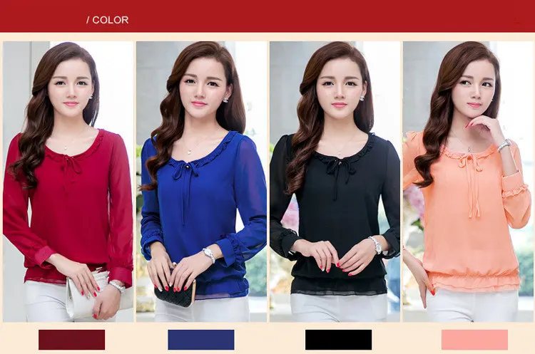S-4XL Plus Size Tops Women 2019 New Fashion Bow Long Sleeve Shirts Femme Casual Chiffon Blouse Autumn O-neck Ruffled Blusa Mujer  (1)