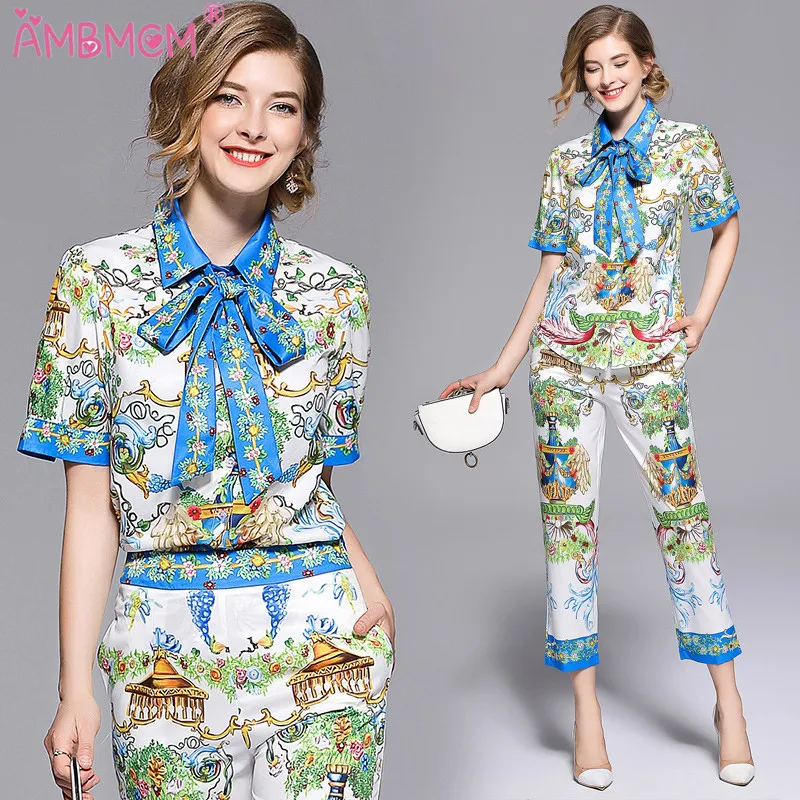 

AMBMM Fashion Runway Suit Set Women's Short Sleeve Gorgeous Floral Print Blouse and Vintage Pants Two Pieces Set