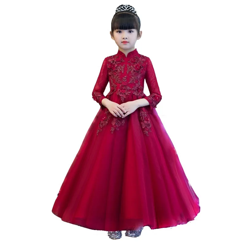 Темно-красного цвета с длинным рукавом до щиколотки Длина девочек Нарядные платья Элегантное платье для девочек