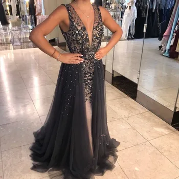 

Robe De Soiree Luxury Evening Dresses Long 2020 V-Neck Formal Dress Tulle Beaded Women Elegant Evening Gowns Abiye Gece Elbisesi