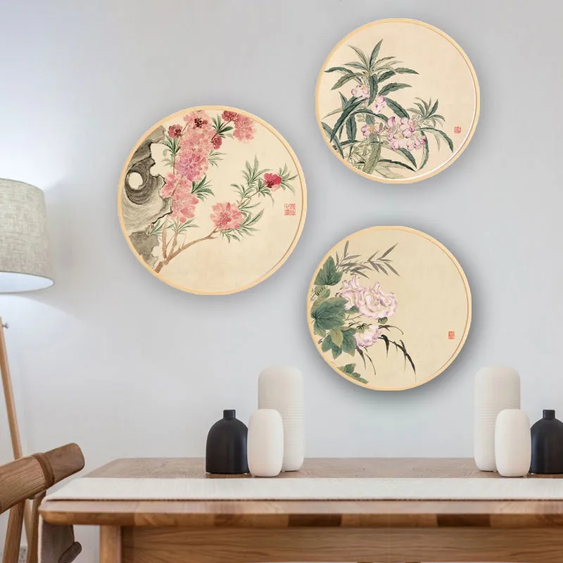 

Chinese style Zen round decorative painting hotel entrance living room home creative mural solid wood frame Flowers and birds