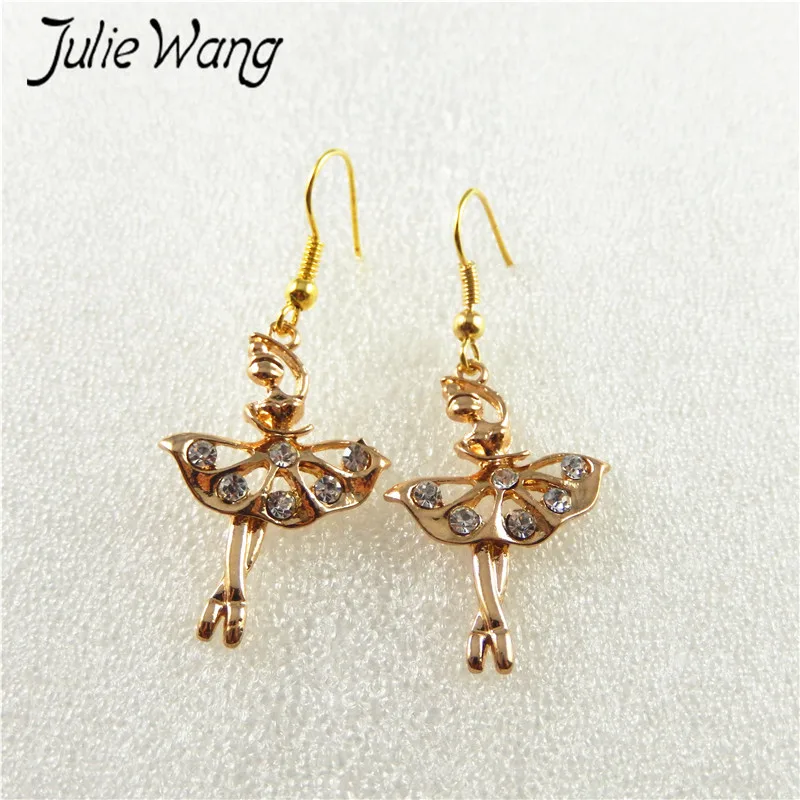 Julie Wang 1pair/pack Gold Color Embellished with White Crystal Ballet Girl Dance Styling Ear Hook Earrings For Women Lady Gift