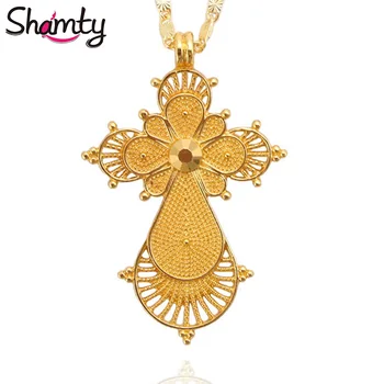

Shamty Pure Gold Color Ethiopian Cross Necklace No Stone African Nigeria Sudan Eritrea Eretrean Jwelery Habesha Style Cross