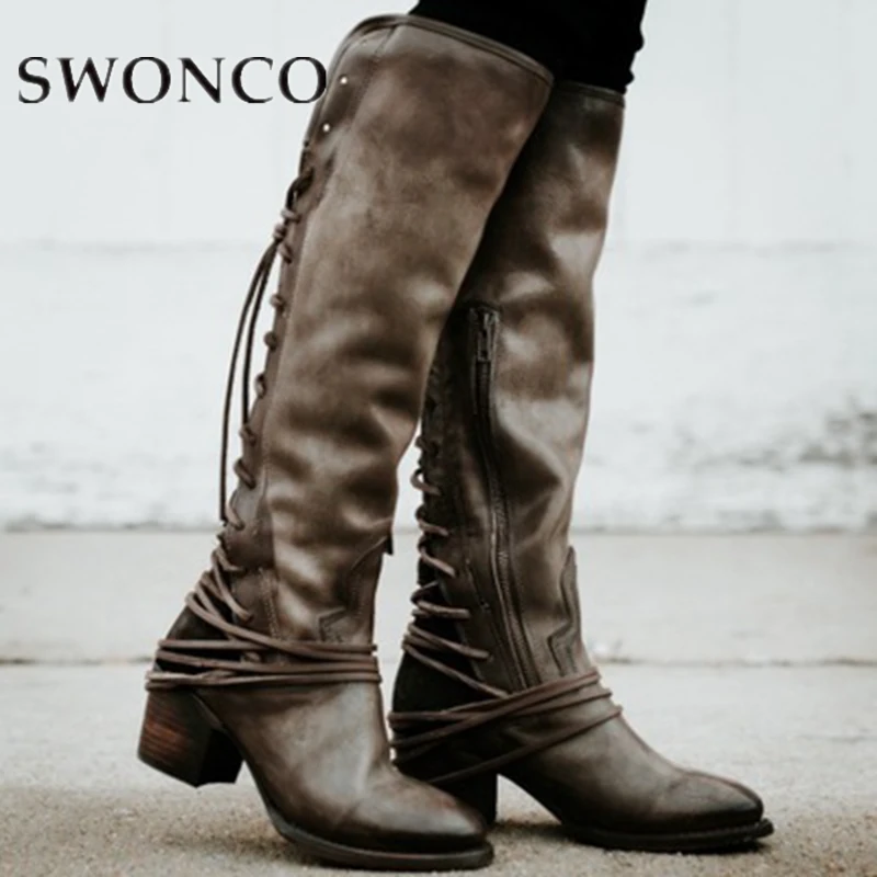 SWONCO/женские сапоги; зимние высокие сапоги; коллекция года; женские кожаные сапоги для верховой езды в стиле ретро; пикантные Женские Сапоги выше колена на высоком каблуке со шнуровкой сзади; размер 43