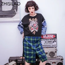 Лоскутная футболка в стиле хип-хоп в стиле панк, большие размеры, d, футболка с длинным рукавом, Femme, пара, с принтом, джинсовые женские топы с длинными рукавами, большие размеры, осень