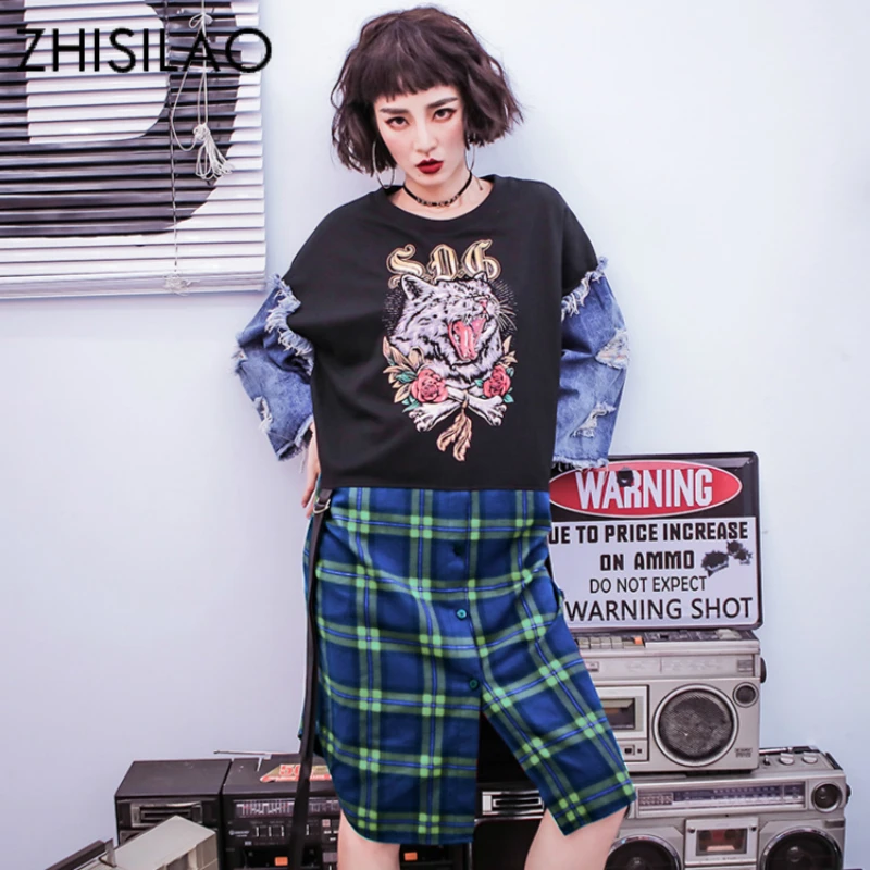 

Patchwork Hip Hop Punk t shirt Oversized Long Tee Shirts Femme Couple Printed Denim Long Sleeve Women Tops Plus Size Autumn 2018