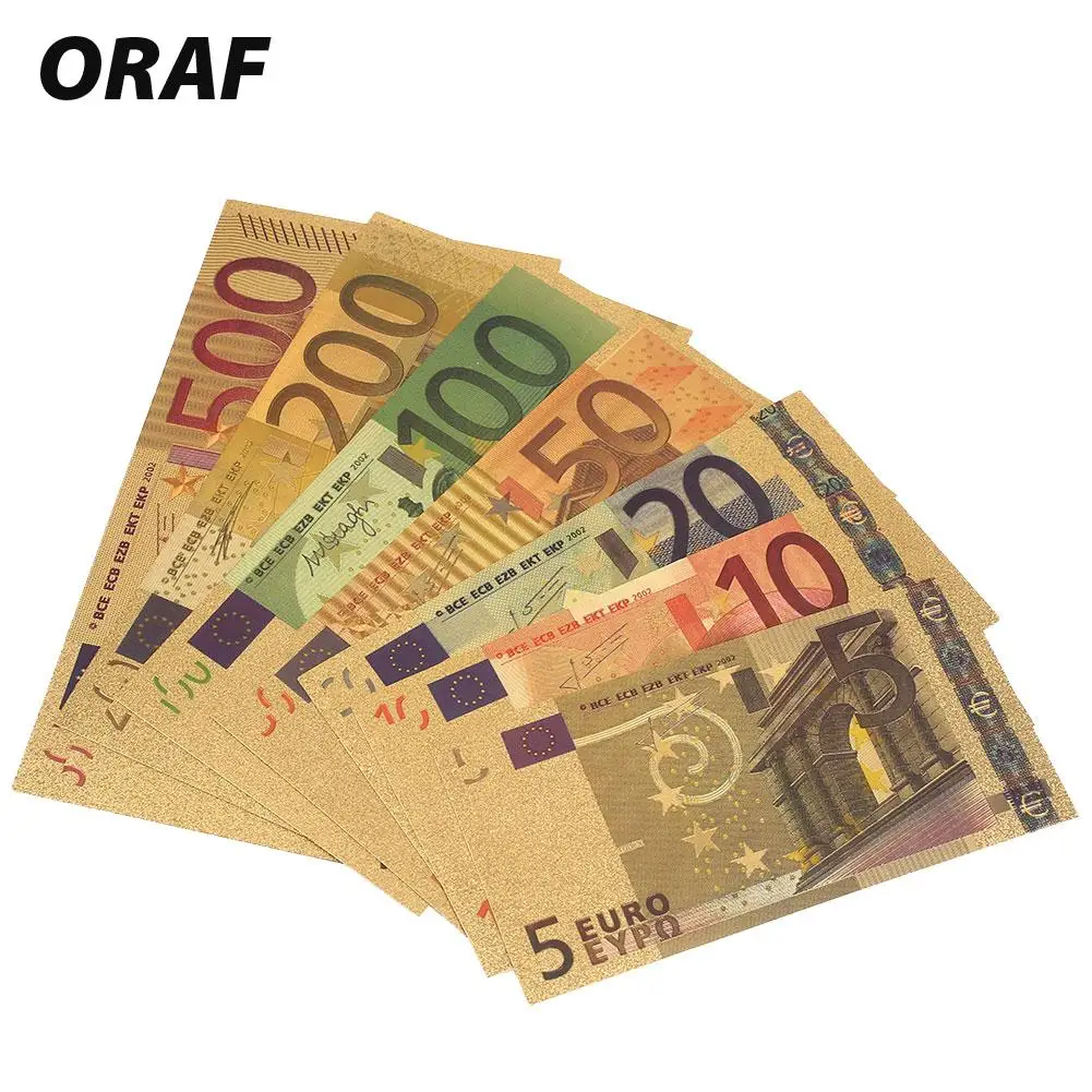 

High Quality 24K Gold Plated EUR Banknotes 7PCS 5 10 20 50 100 200 500 EUR Antique Plated Gold Fake Money Home Decoration