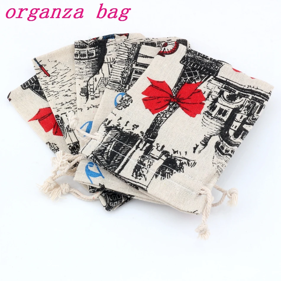 

50pcs Little cat Pattern Linen Fabric Drawstring bags Candy Jewelry Gift Bag Cotton Linen Drawstring Bundle Bags 10x14cm