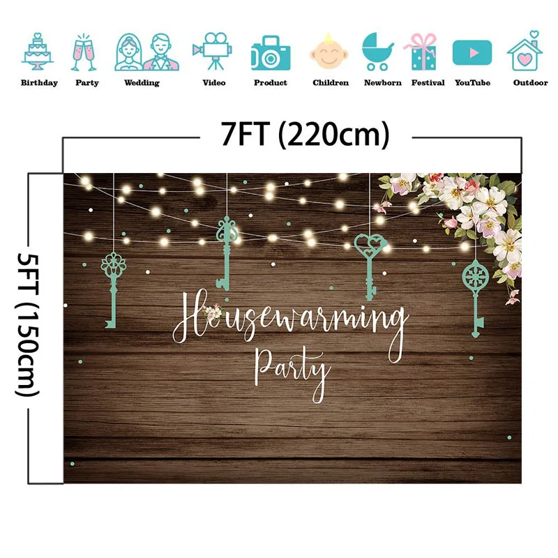 Housewarming Party Banner Backdrop String Light Flower Wooden