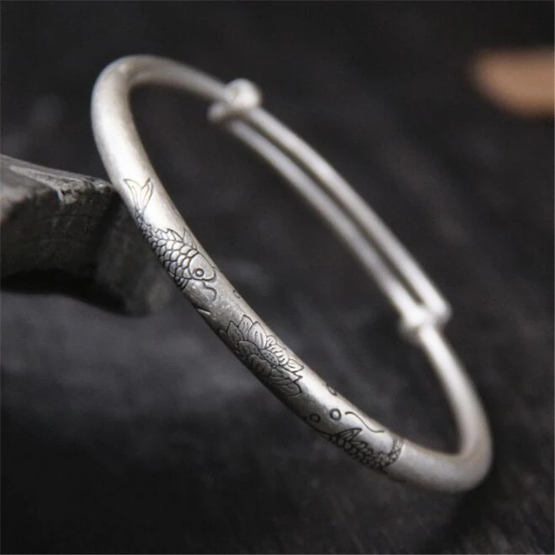 

999 Pure Silver Vintage Double Fishes Lotus Bracelets & Bangles for Women Gift Thai Silver Jewelry Gift High Quality