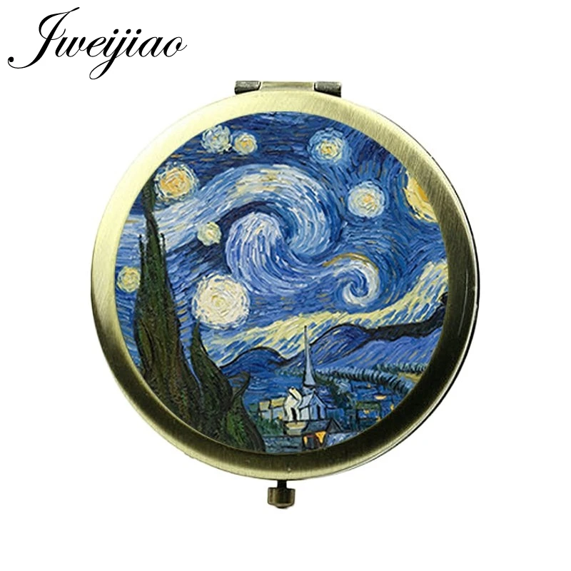 

JWEIJIAO Famous Van Gogh Paintings Glass Cabochon Pocket Mirror Vintage Round Compact Makeup Hand Vanity mirrors Art craft