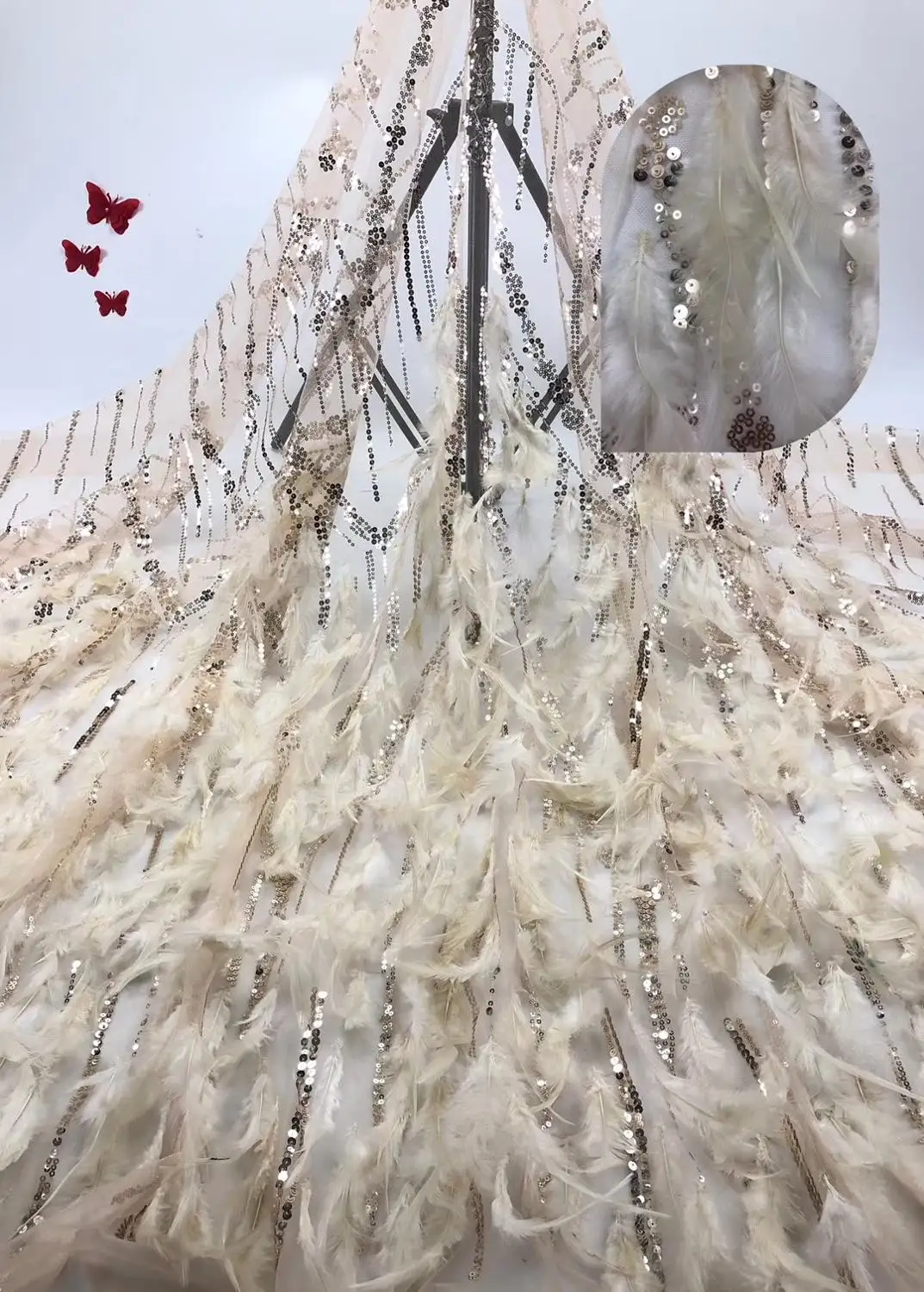 

High Quality African French Laces Fabric With Sequins Embroidered Nigeria Mesh Wite Feather Tulle Lace Fabrics For Dress DYS152