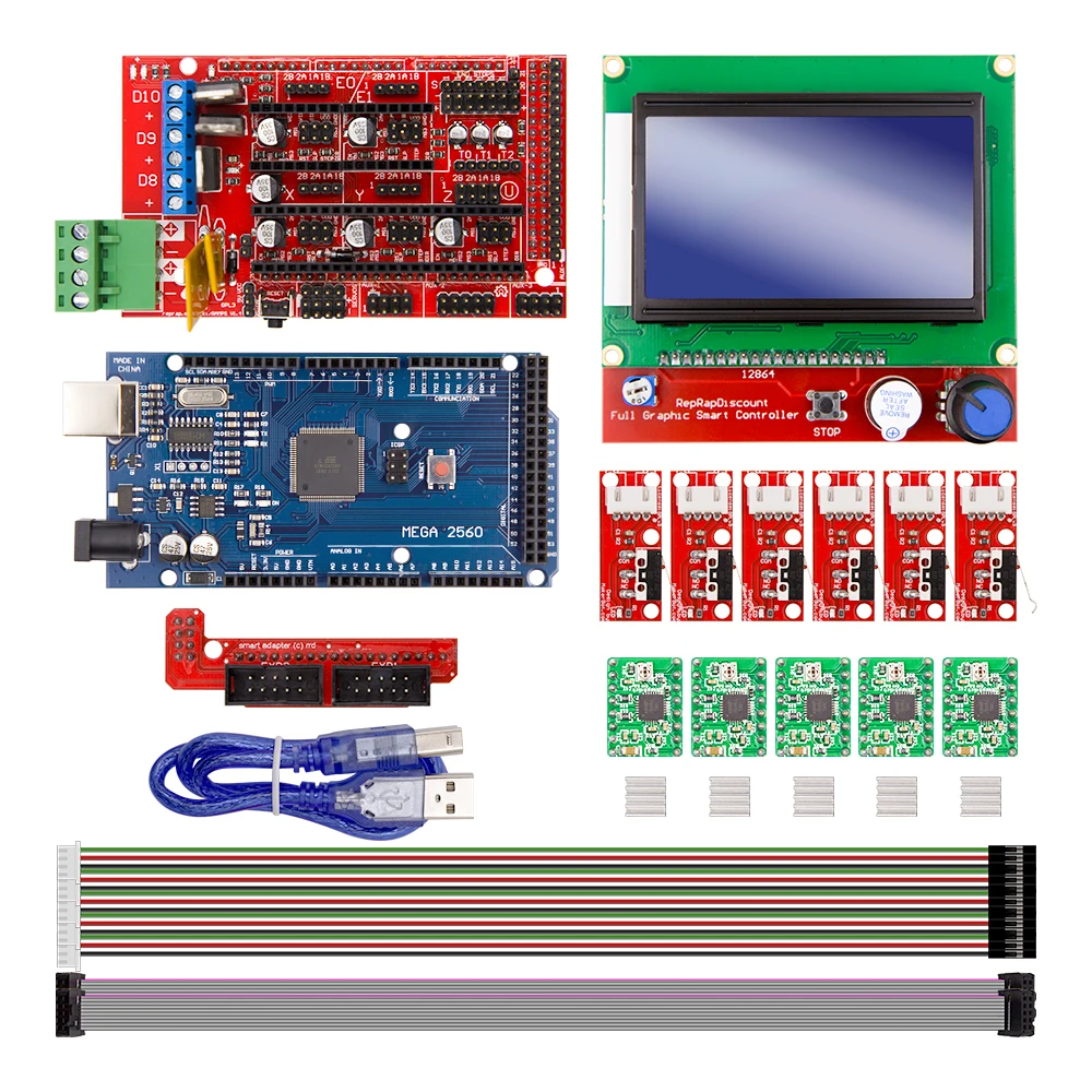 CNC 3d Принтер Комплект для Arduino Mega 2560 R3+ RAMPS 1,4 контроллер+ lcd 12864+ 6 концевой выключатель фиксатор+ 5 A4988 шаговый драйвер