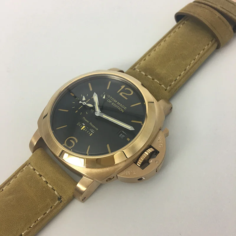 

44mm OUMASHI Men Automatic GMT Mechanical Watch Leather Strap Power Reserve Luminous Gold Case Military Waterproof Watch