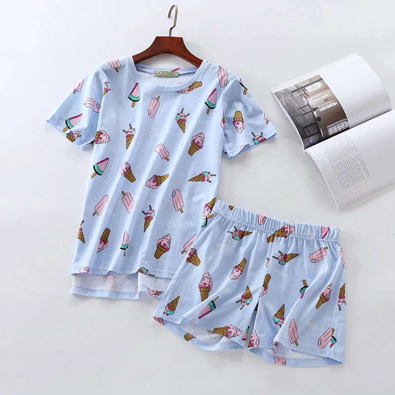 New 2018 Blue Pajama Sets Women Ice cream Print Cute 2 Pieces Set Short Sleeve Elastic Waist