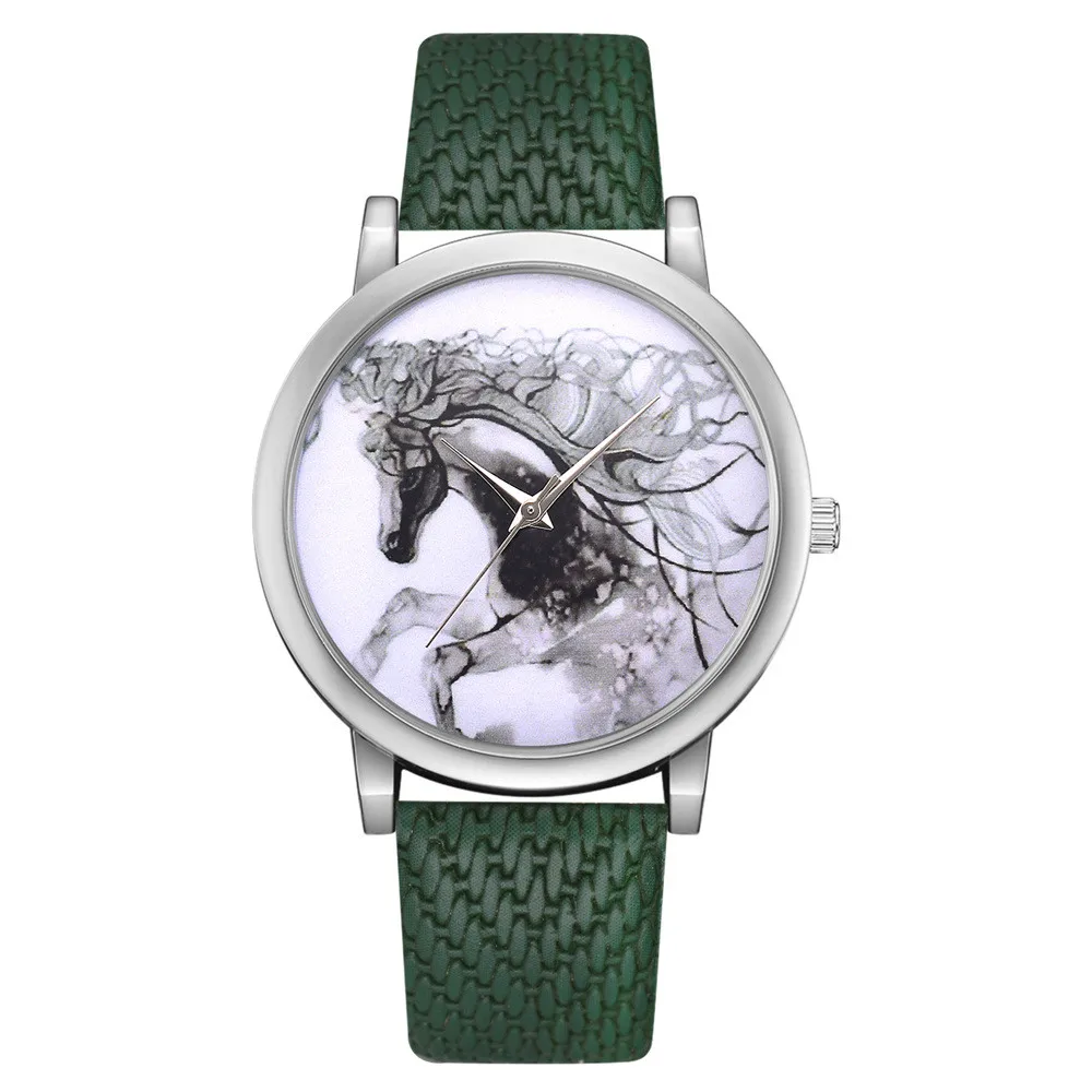 Модные женские часы для девочек, повседневные Аналоговые кварцевые наручные часы с кожаным ремешком, женские часы с рисунком лошади, Montre Femme# A - Цвет: Зеленый