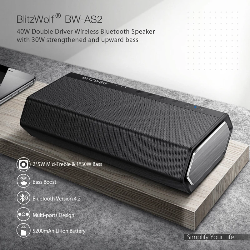 BlitzWolf 40 Вт 5200 мАч портативный беспроводной bluetooth динамик с двойным драйвером 30
