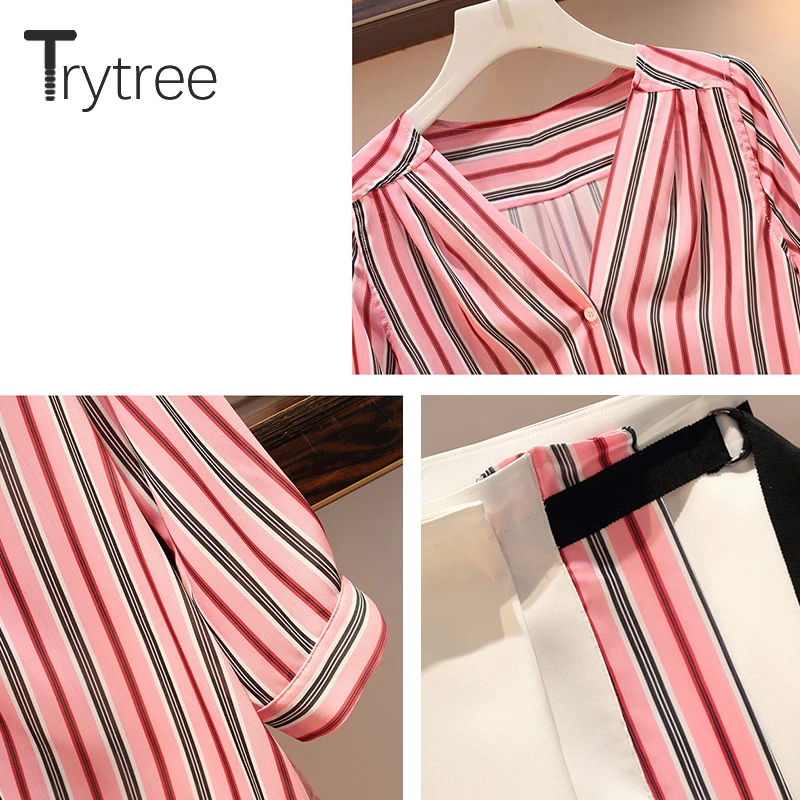 Trytree летний женский полосатый комплект из двух предметов Повседневный v-образный вырез однобортная Блузка+ юбка трапециевидный пояс мини-костюм комплект из 2 предметов