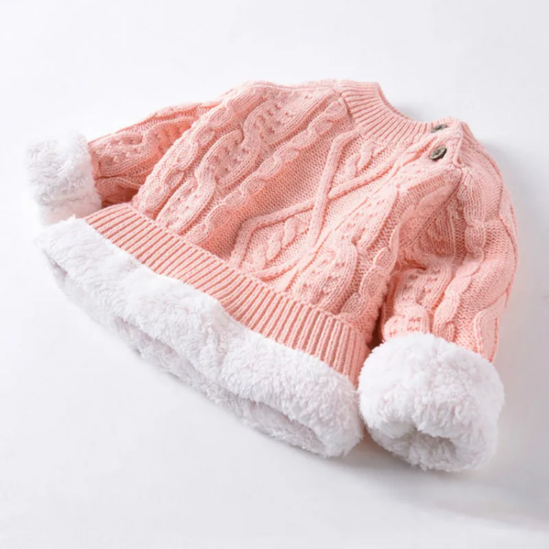 

Children's sweater autumn and winter new style plus velvet thick knit baby princess wild pullover shoulder button sweater