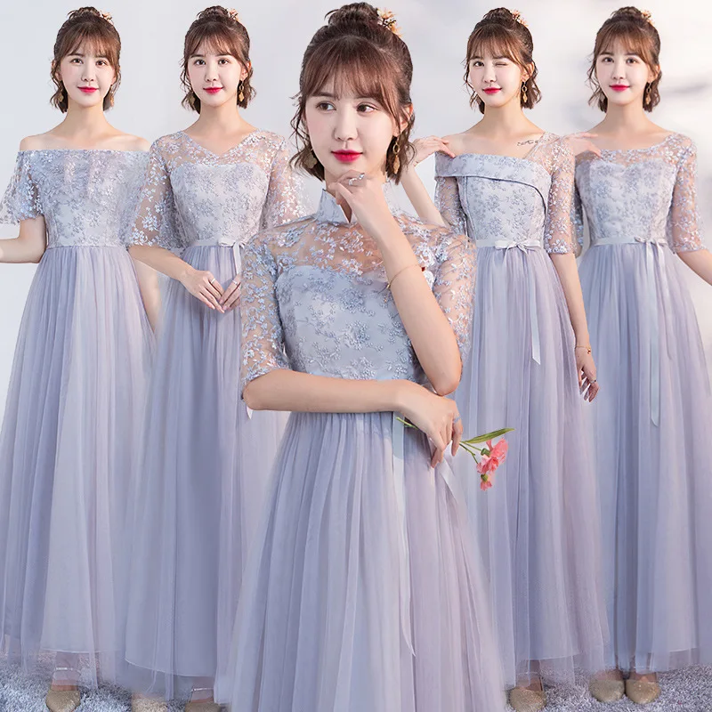 Ankle-length Tulle Floral Gray Pink Elegant Sexy Sweet Long Formal Sister Prom Guest Vestidos women Summer Dress Mesh Dress