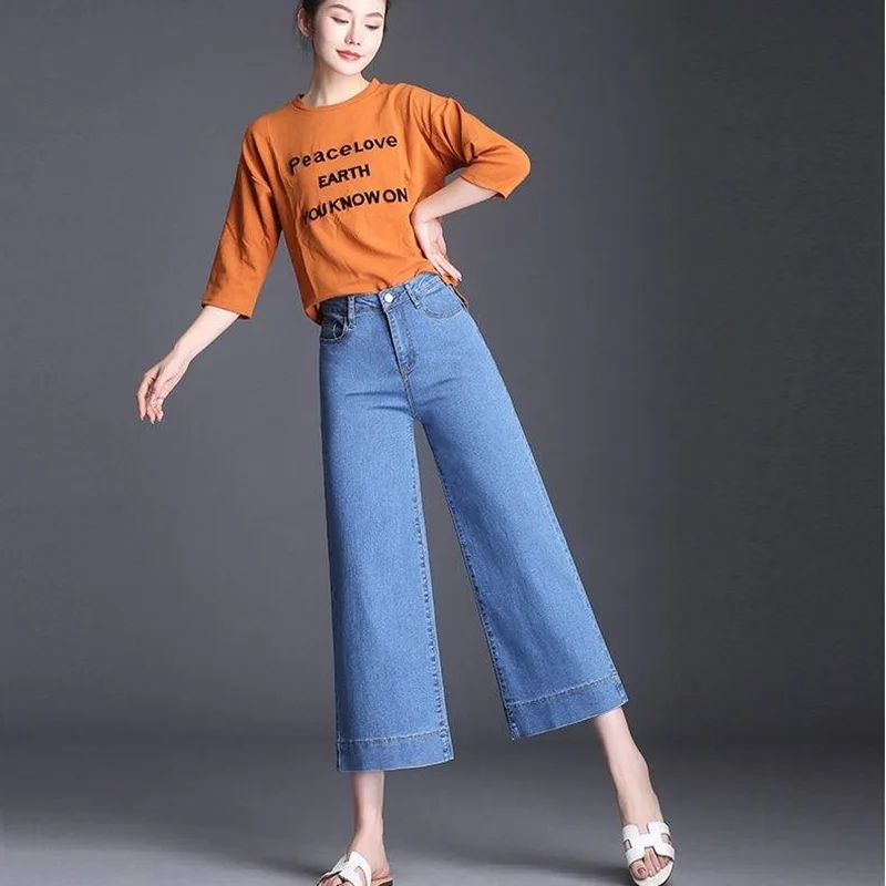 Летние женские джинсовые синие джинсовые брюки длиной до щиколотки с высокой талией осенние свободные широкие брюки больших размеров