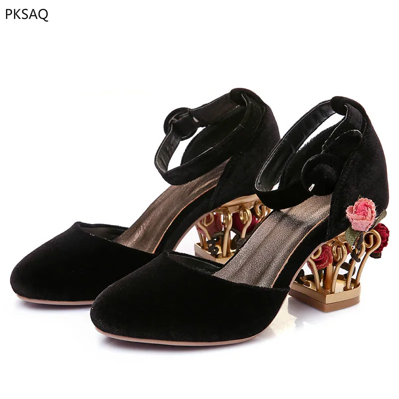 

Women's Wedding Party Shoes Flower Heels Round Toe Casual Retro Pumpes Girls Retro Strange Style Model Show Sandals Shoes B