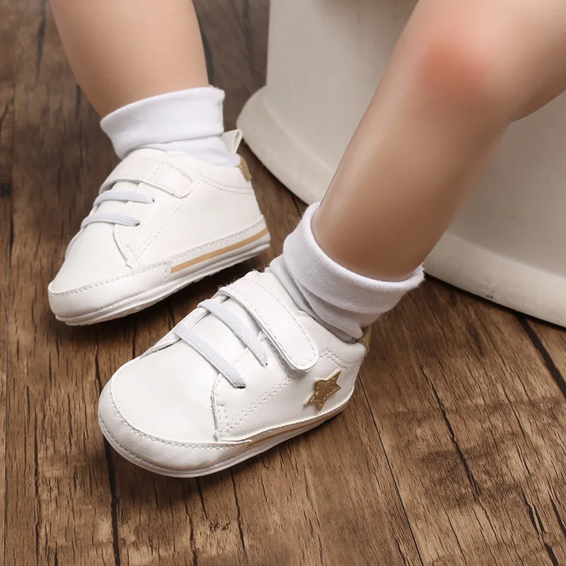 Classic White Newborn Baby Boys Girls Soft Sole Crib Shoes PU Leather