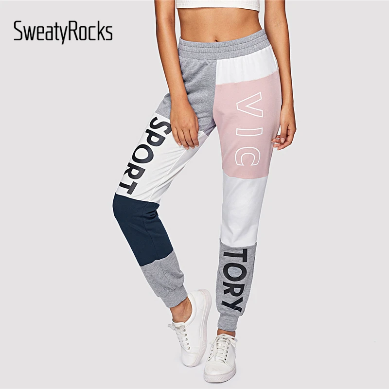 Tanie SweatyRocks wyciąć i szyć list druku spodnie dresowe Multicolor elastyczny sznurek do ściągania talii Colorblock spodnie dresowe damskie spodnie sportowe