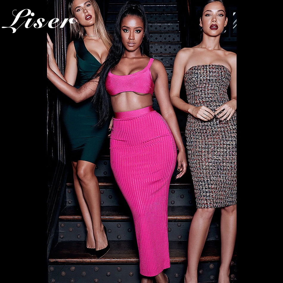 

Liser 2018 New Summer Women Dress Strapless Striped Two Pieces Bandage Dress Sexy Bodycon Evening Party Fuchsia Dresses Vestidos