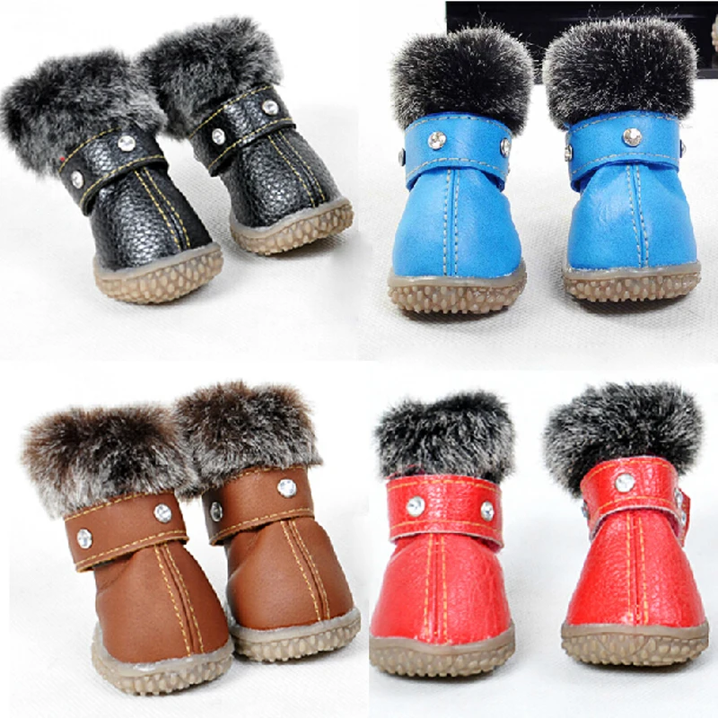 Зимние водонепроницаемые кожаные ботинки для собак; теплые стразы; нескользящие ботинки для домашних животных; для маленьких собак; Чихуахуа; DOGGYZSTYLE