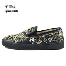 Новейшая модная мужская обувь с вышивкой из страз; кроссовки на плоской подошве со стразами; мужские кроссовки без шнуровки для подиума; Вулканизированная обувь