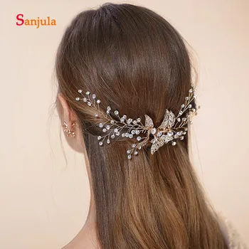 

Gold Headband with Comb Crystals Metal Leaves High Quality Wedding Accessories for Bridal tocados invitada boda pelo H187