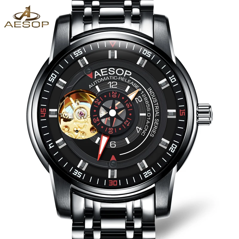 

Luxury AESOP gold watch men skeleton sapphire black stainless steel waterproof Automatic machine wristwatch relogio masculine