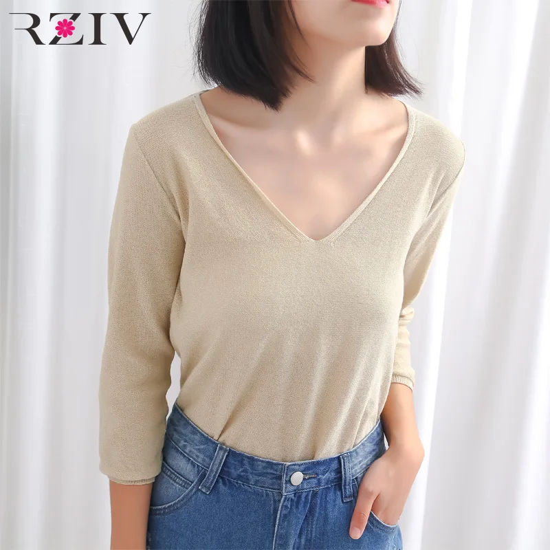 

RZIV Fall Women knitted top solid color V-neck sweater leisure thin sweater