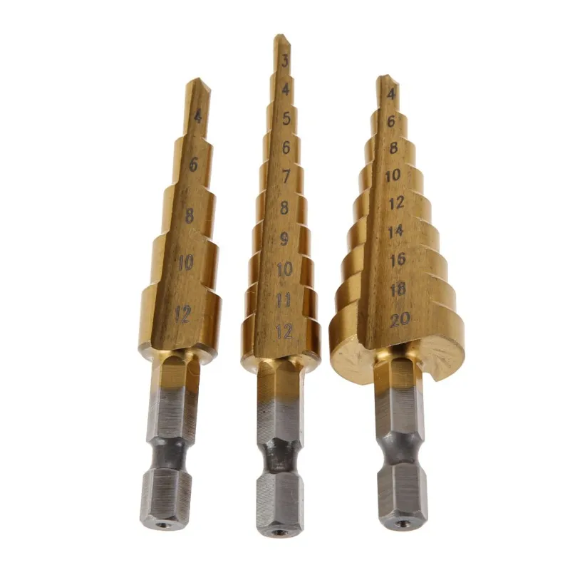 3Pcs HSS Step Cone Drill Titanium Hole Cutter Bit Set Tools 3-12mm 4-12mm 4-20mm