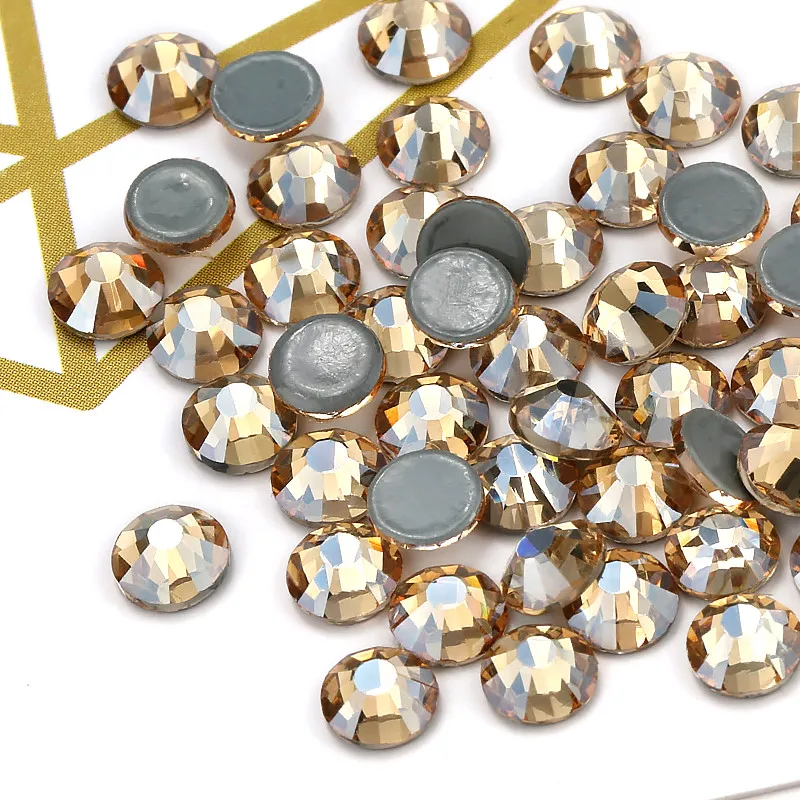 

SS6 SS8 SS10 SS16 SS20 Golden Shadow Hot Fix Stone Flatback Glass Rhinestone Decorations Glue on Garments Bags Plating Color