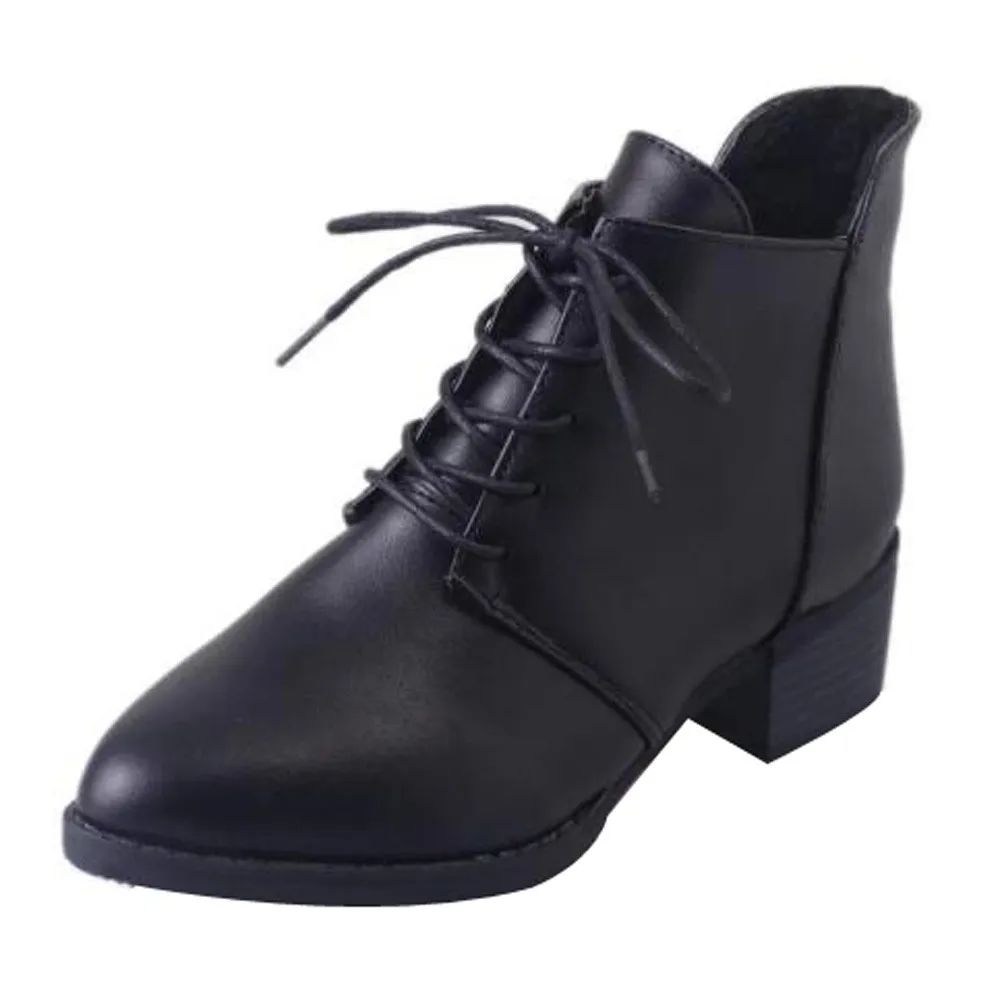 

New Fashion European Style Black Ankle Boots Flats Pointed Toe Martin Thick Short Boots PU Leather Woman Shoes