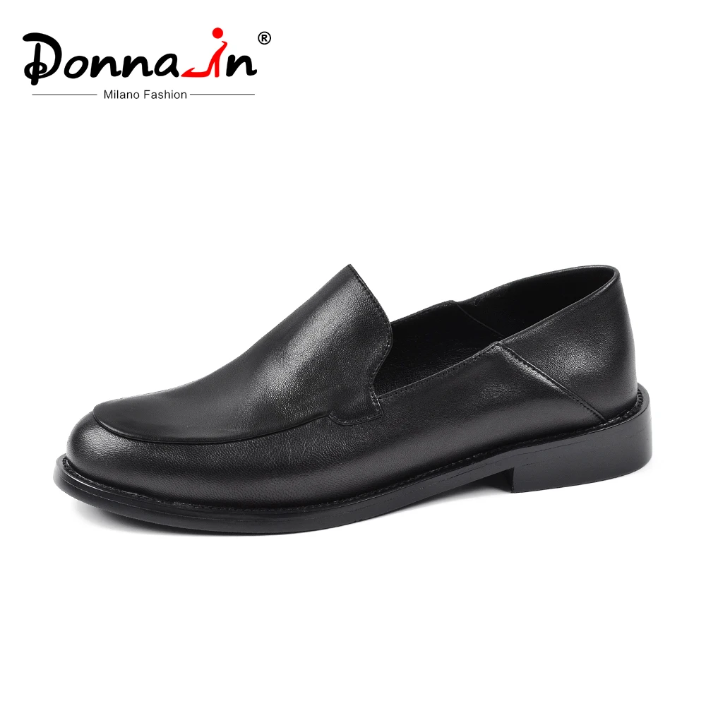 Donna-in/черные женские лоферы; коллекция года; туфли без задника с круглым носком; мокасины на плоской подошве; слипоны; женская обувь из натуральной кожи; весенняя женская обувь на плоской подошве