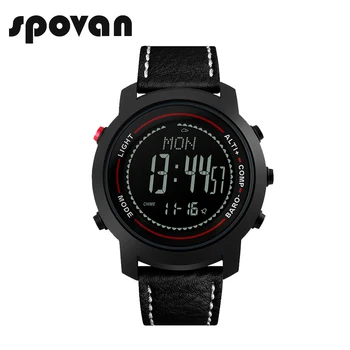 

SPOVAN Fashion Black Men's Watch Genuine Leather Band 50M Waterproof Compass Pacer LED Multifunction Men Sport Watches MG01